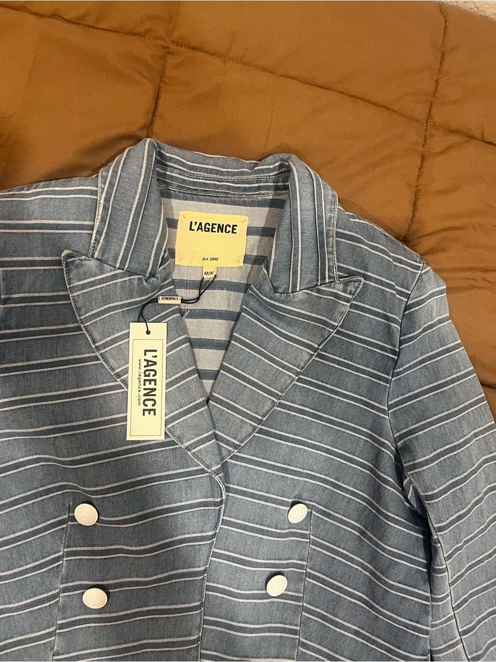 New L'AGENCE Blue Striped Cropped Double-Breasted Jacket Blazer